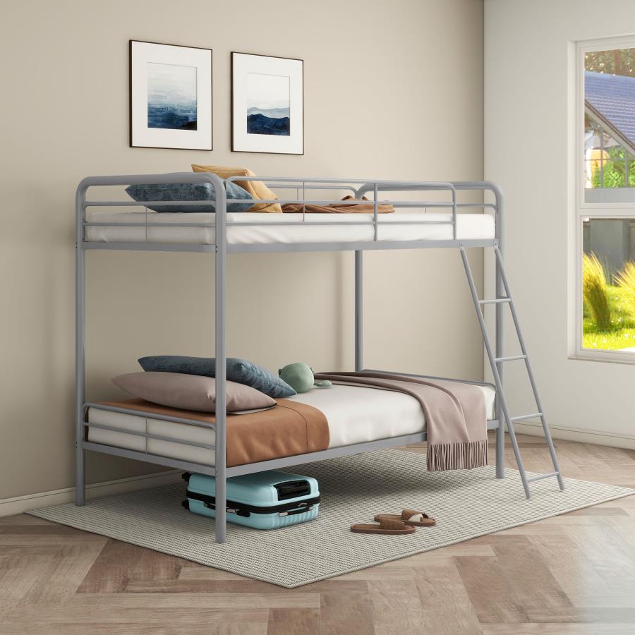 Coaster 460334SVR Carson glossy silver finish metal twin over twin bunk bed set with front ladder