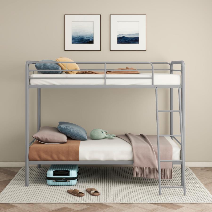 Coaster 460334SVR Carson glossy silver finish metal twin over twin bunk bed set with front ladder