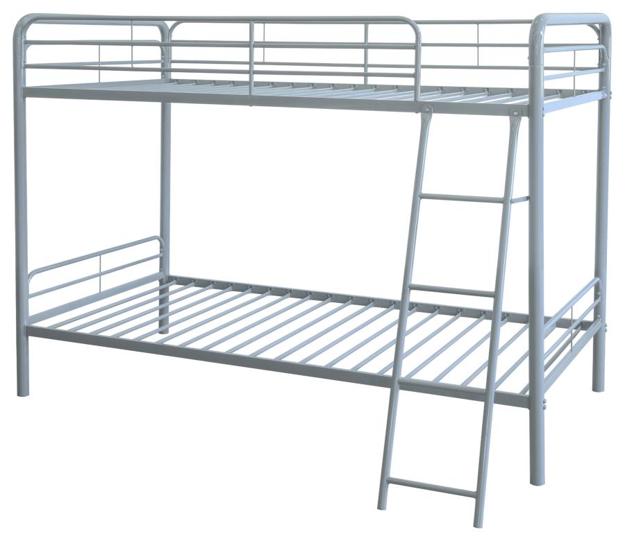 Coaster 460334SVR Carson glossy silver finish metal twin over twin bunk bed set with front ladder