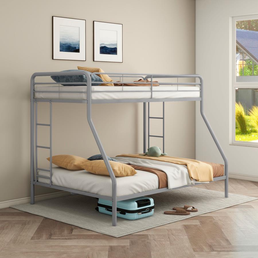 Coaster 460340SVR Carson glossy silver finish metal twin over full bunk bed set with side ladders