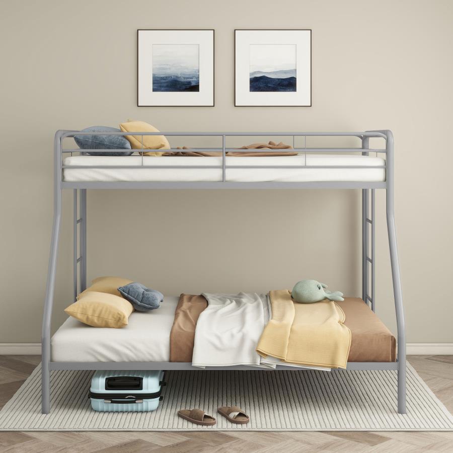 Coaster 460340SVR Carson glossy silver finish metal twin over full bunk bed set with side ladders
