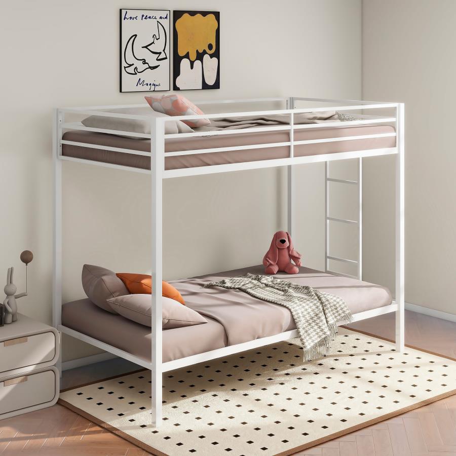 Coaster 460361WH Alevera white finish metal twin over twin bunk bed set with side ladder