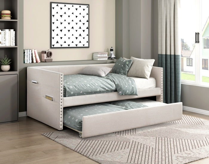 Homelegance 4691BE Boynton beige textured fabric nail head trim twin day bed with trundle