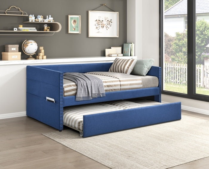 Homelegance 4691BU Boynton blue textured fabric nail head trim twin day bed with trundle