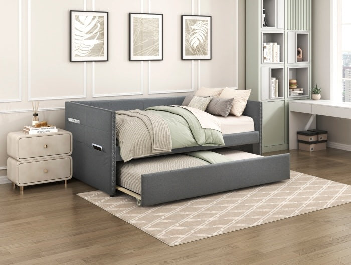 Homelegance 4691DG Boynton dark grey textured fabric nail head trim twin day bed with trundle