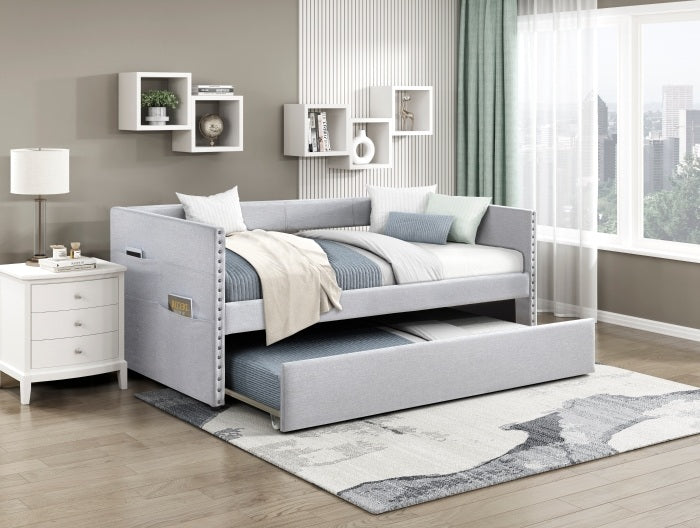 Homelegance 4691GY Boynton light grey textured fabric nail head trim twin day bed with trundle