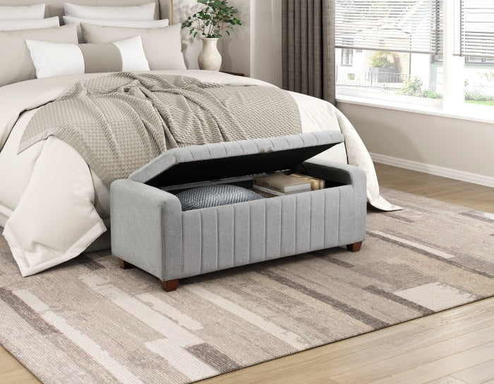 Homelegance 4798LG Derby light grey boucle fabric padded top flip top storage bedroom entry bench