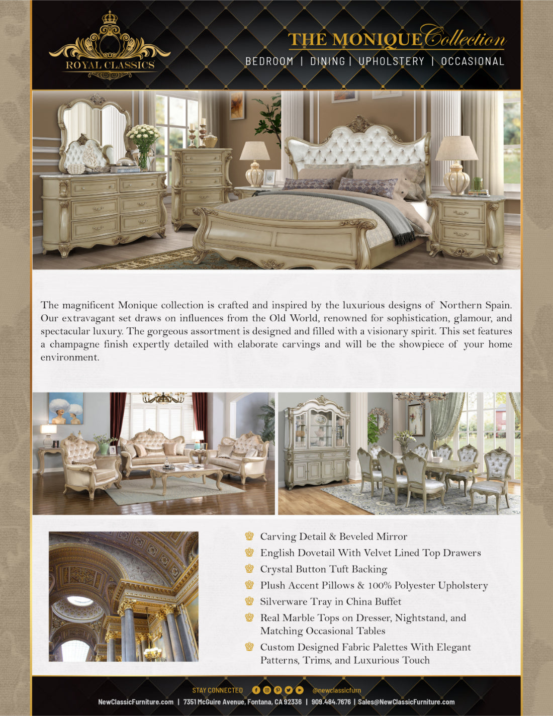 D992-7PC 7 pc Monique champagne finish wood dining table set velvet chairs classic style heirloom craftsmanship