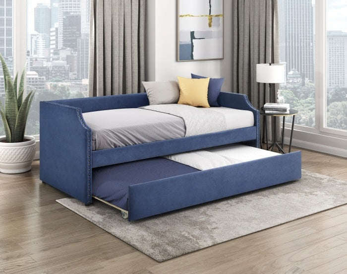 Homelegance 4988BU Shiloh blue textured fabric nail head trim twin day bed with trundle