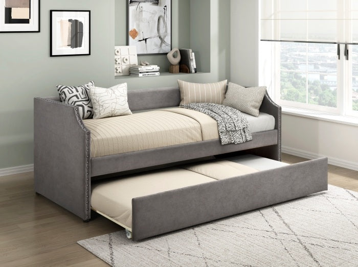 Homelegance 4988DG Shiloh dark grey textured fabric nail head trim twin day bed with trundle