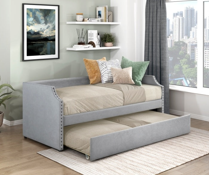 Homelegance 4988LG Shiloh light grey textured fabric nail head trim twin day bed with trundle
