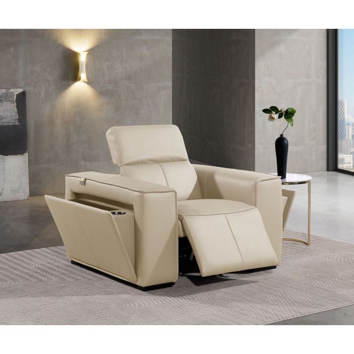 DivanItalia Power Reclining Chair – Beige Italian Leather with Adjustable Headrest & Storage Arms | Global United