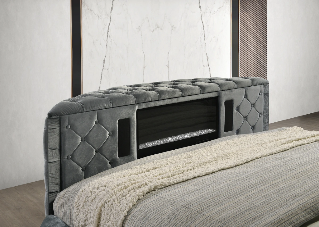 Crown Mark 5212GY Voltare grey velvet fabric tufted round queen storage bed with TV lift and built in LED Fireplace
