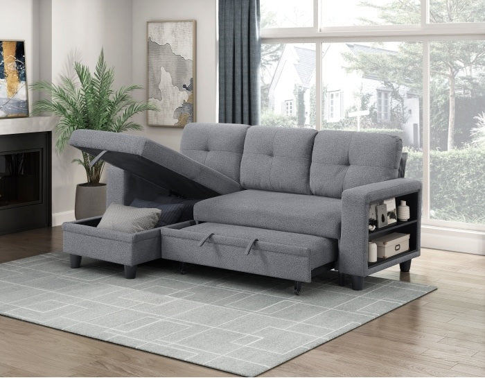 Homelegance 9705GY-32AVC 2 pc Morian grey boucle fabric sectional sofa reversible storage chaise storage arms and pop up sleep area