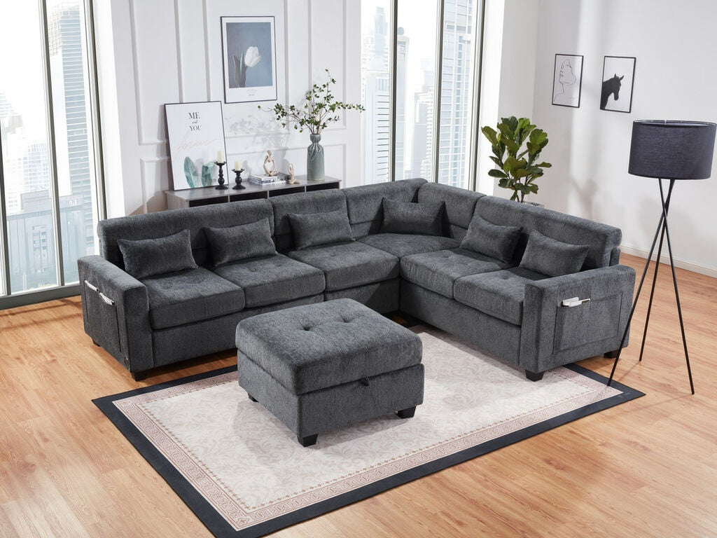 89306 3 pc Trey grey chenille fabric 115" sectional sofa set with adjustable headrests USB charging and storage ottoman