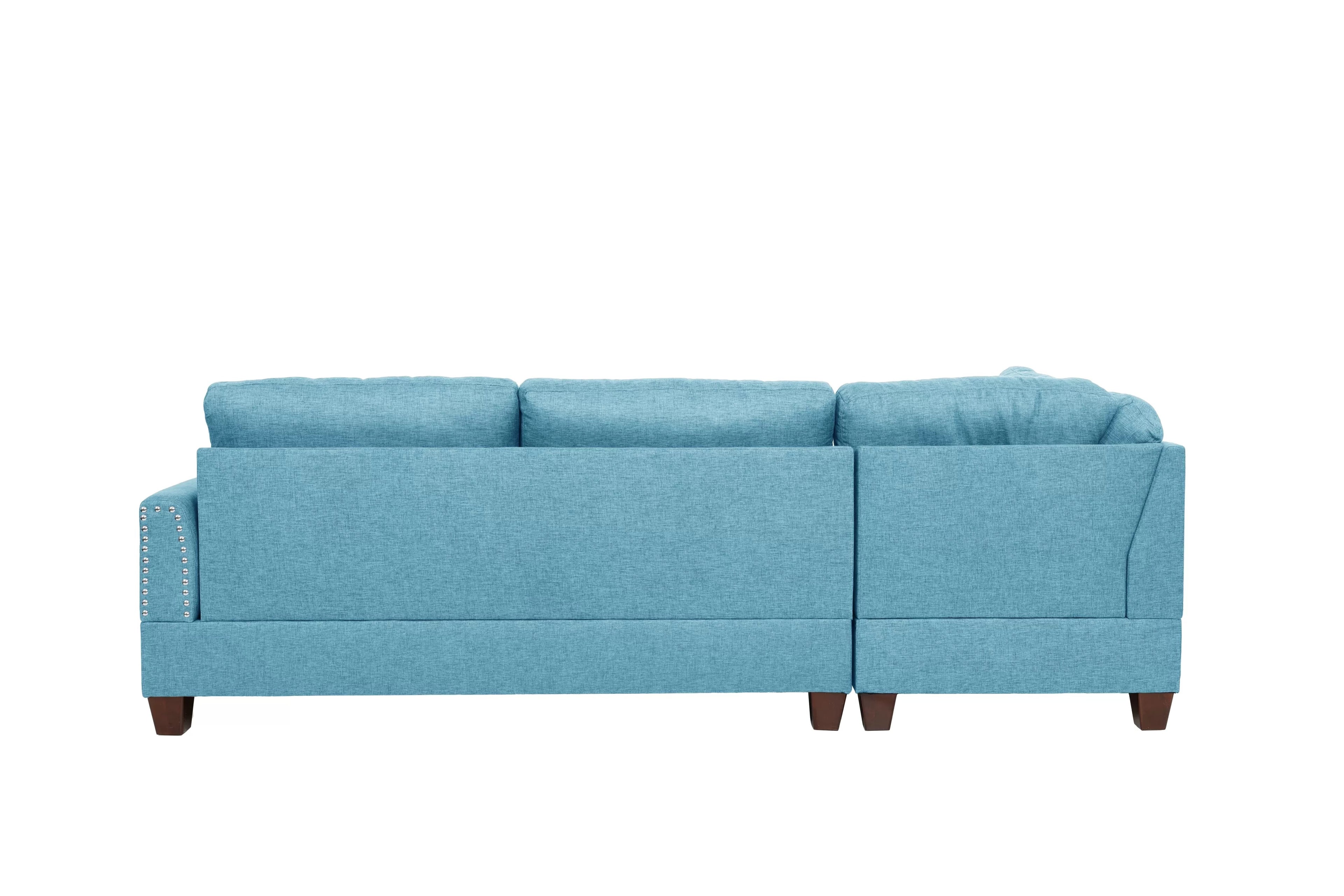 Poundex F6505 3 pc blue poly fiber fabric sectional sofa reversible chaise and ottoman nail head trim
