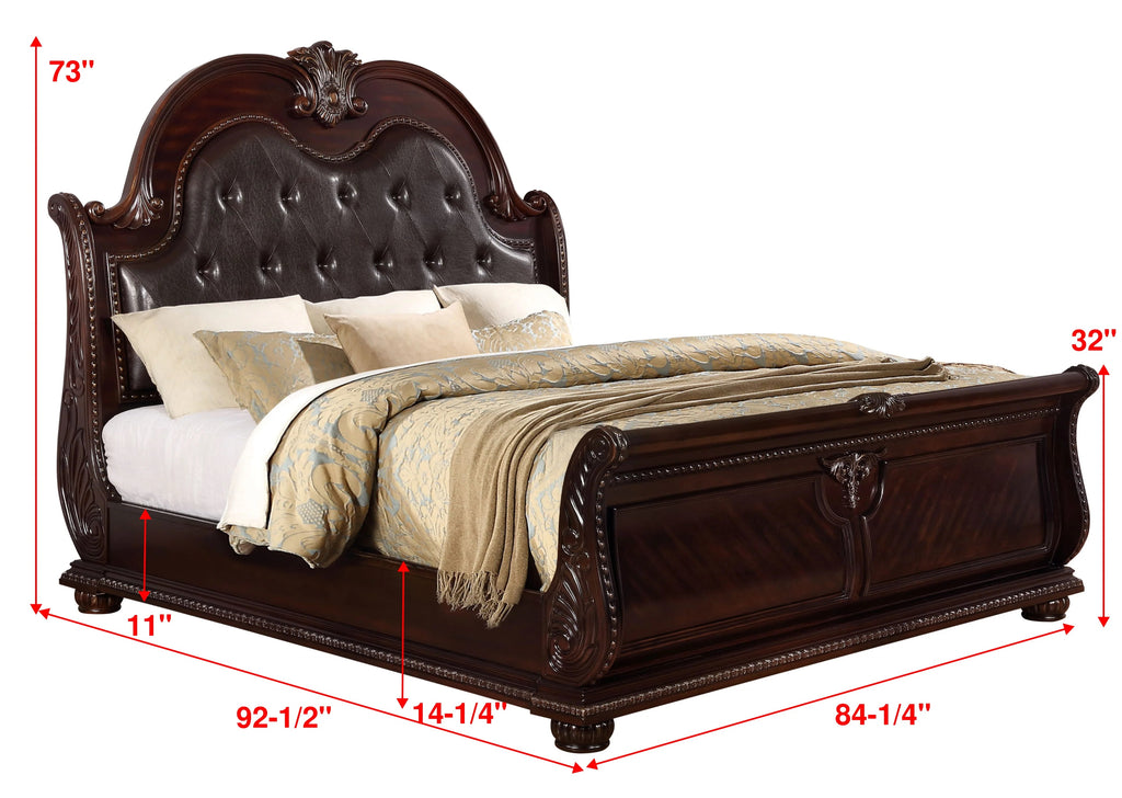 B1600 4 pc Stanley brown cherry finish wood faux leather tufted upholstered headboard sleigh style bedroom set with marble tops