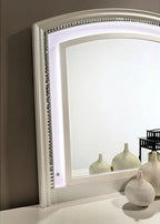 Adele 4 pc Adele pearl white finish wood faux leather upholstered headboard LED lighting queen bed set footboard drawers