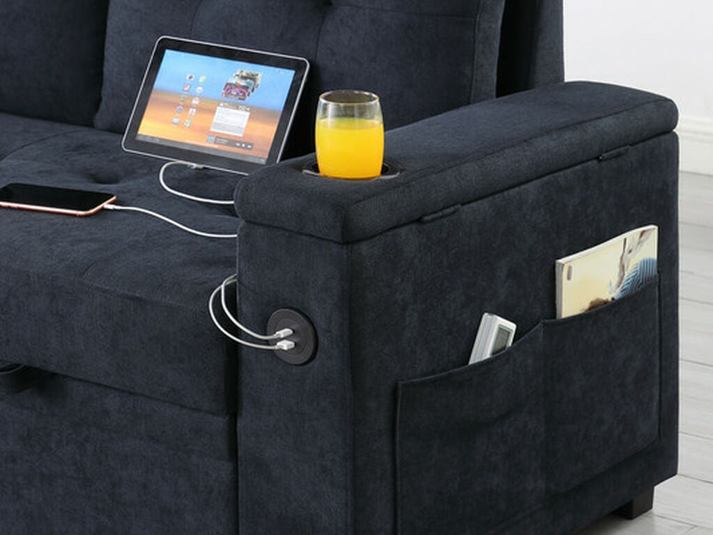 81445 Ashlyn dark grey chenille fabric convertible pop up sleep area reversible storage chaise USB sectional sofa