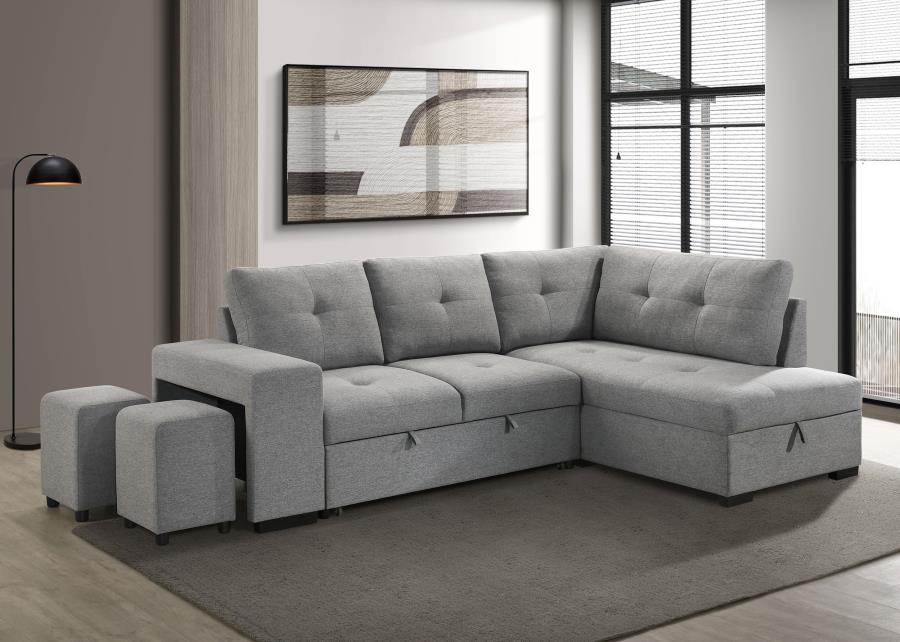 Coaster 500347 2 pc Roanne grey linen like fabric storage chaise sectional sofa set pop up sleeper and ottomans