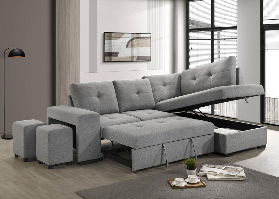 Coaster 500347 2 pc Roanne grey linen like fabric storage chaise sectional sofa set pop up sleeper and ottomans