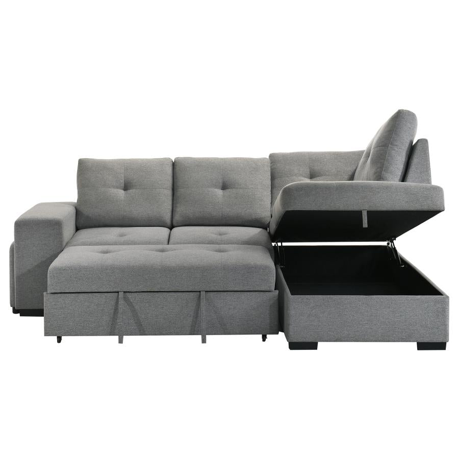 Coaster 500347 2 pc Roanne grey linen like fabric storage chaise sectional sofa set pop up sleeper and ottomans