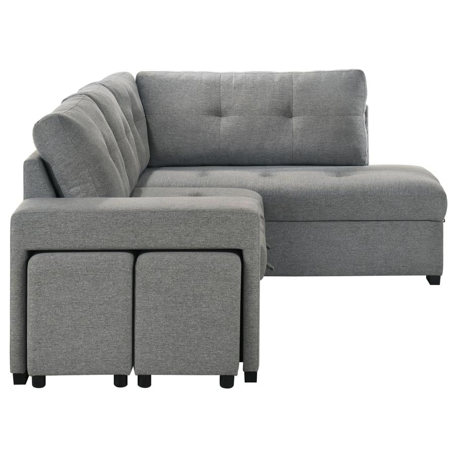 Coaster 500347 2 pc Roanne grey linen like fabric storage chaise sectional sofa set pop up sleeper and ottomans