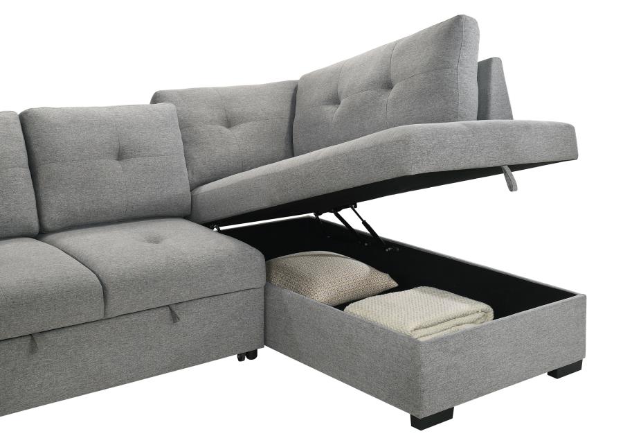 Coaster 500347 2 pc Roanne grey linen like fabric storage chaise sectional sofa set pop up sleeper and ottomans