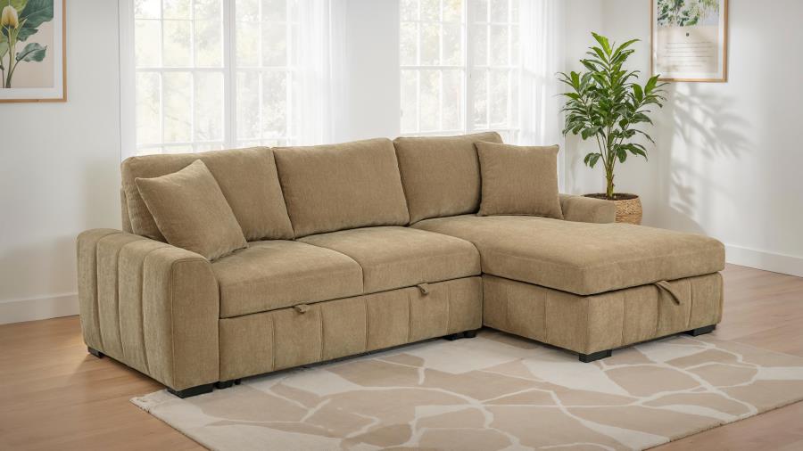 Coaster 500348 2 pc Pastrana camel fabric storage chaise sectional sofa set pop up sleeper