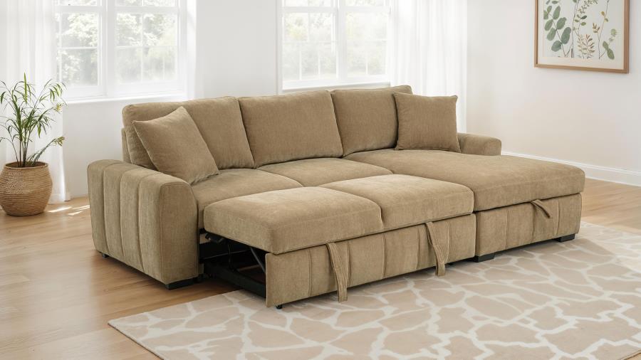 Coaster 500348 2 pc Pastrana camel fabric storage chaise sectional sofa set pop up sleeper