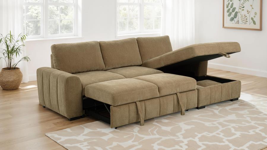 Coaster 500348 2 pc Pastrana camel fabric storage chaise sectional sofa set pop up sleeper