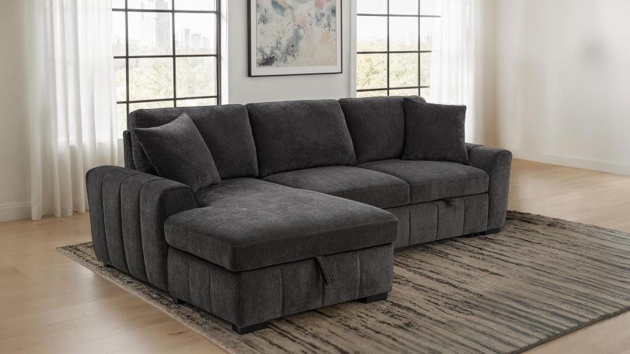 Coaster 500349 2 pc Pastrana grey fabric storage chaise sectional sofa set pop up sleeper