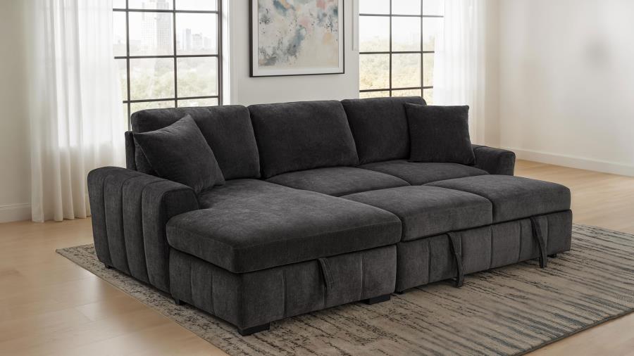Coaster 500349 2 pc Pastrana grey fabric storage chaise sectional sofa set pop up sleeper