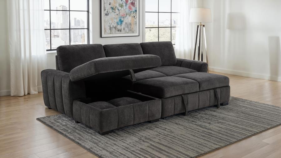 Coaster 500349 2 pc Pastrana grey fabric storage chaise sectional sofa set pop up sleeper
