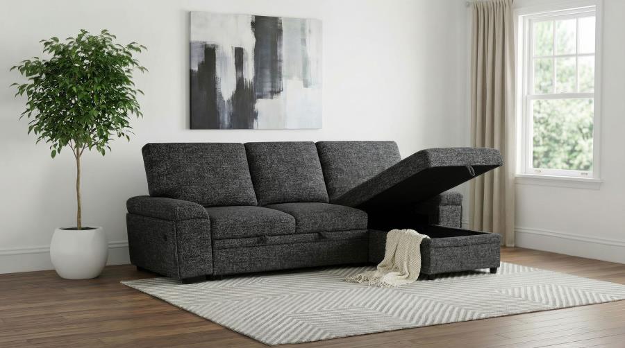 Demko Granite Linen-Like Fabric Sleeper Sectional Sofa with Storage Chaise, Bluetooth & USB Charging – 500355