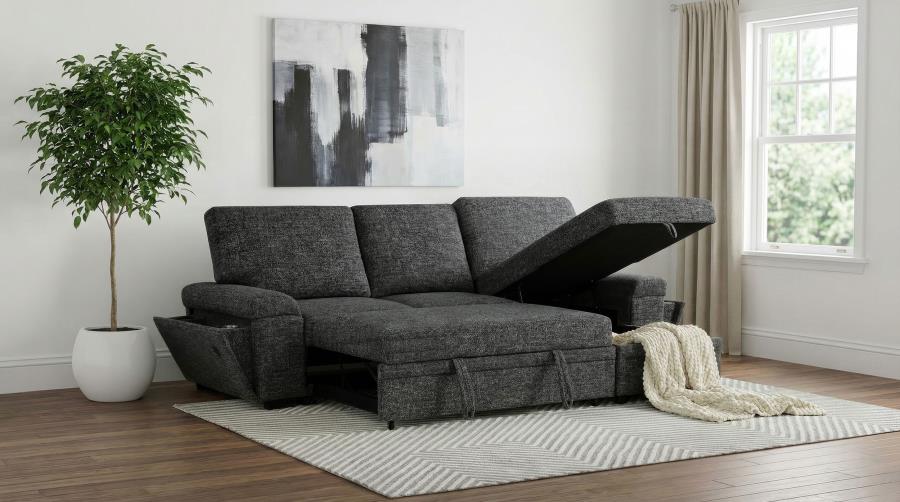Demko Granite Linen-Like Fabric Sleeper Sectional Sofa with Storage Chaise, Bluetooth & USB Charging – 500355