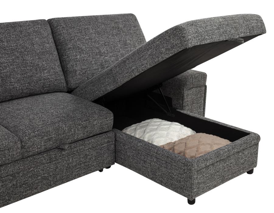 Demko Granite Linen-Like Fabric Sleeper Sectional Sofa with Storage Chaise, Bluetooth & USB Charging – 500355