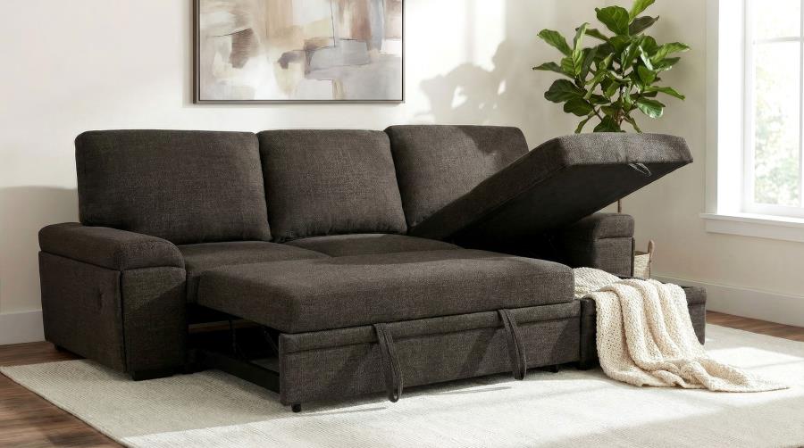 Demko Brown Linen-Like Fabric Sleeper Sectional Sofa with Storage Chaise, Bluetooth & USB Charging – 500356