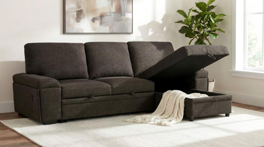 Demko Brown Linen-Like Fabric Sleeper Sectional Sofa with Storage Chaise, Bluetooth & USB Charging – 500356