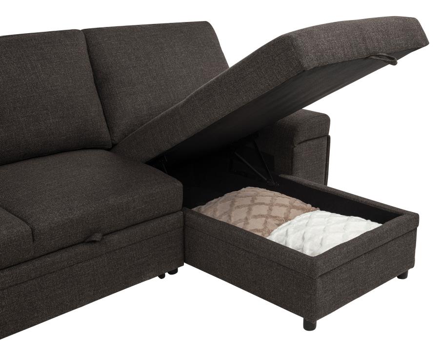 Demko Brown Linen-Like Fabric Sleeper Sectional Sofa with Storage Chaise, Bluetooth & USB Charging – 500356