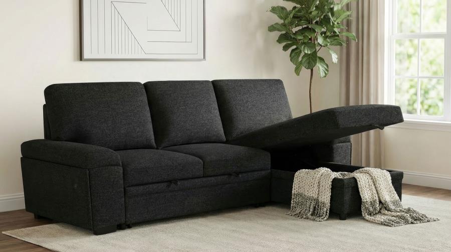 Demko Black Linen-Like Fabric Sleeper Sectional Sofa with Storage Chaise, Bluetooth & USB Charging – 500357