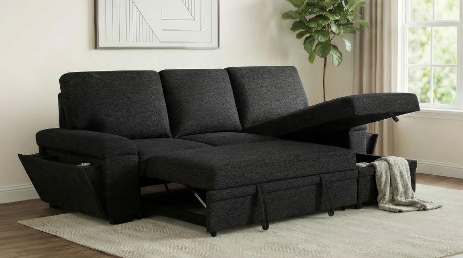 Demko Black Linen-Like Fabric Sleeper Sectional Sofa with Storage Chaise, Bluetooth & USB Charging – 500357
