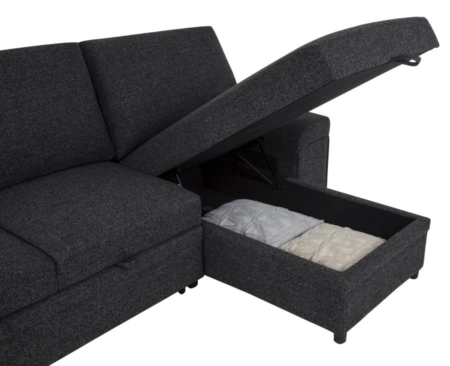 Demko Black Linen-Like Fabric Sleeper Sectional Sofa with Storage Chaise, Bluetooth & USB Charging – 500357