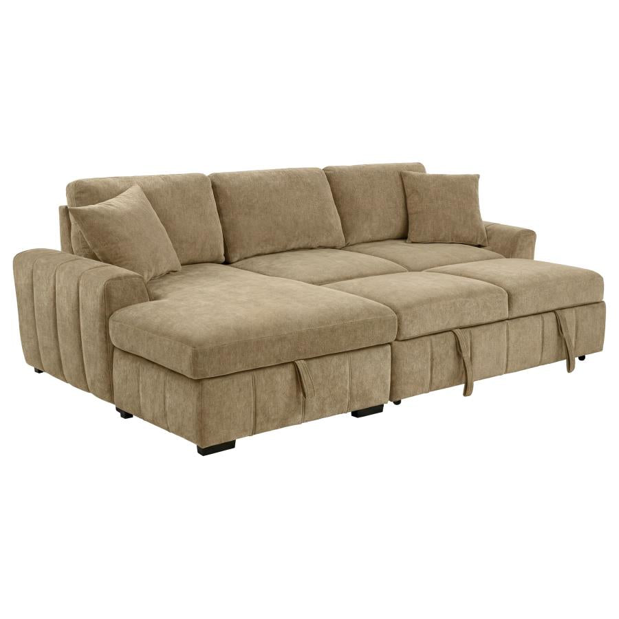 Coaster 500358 2 pc Pastrana camel fabric storage chaise sectional sofa set pop up sleeper