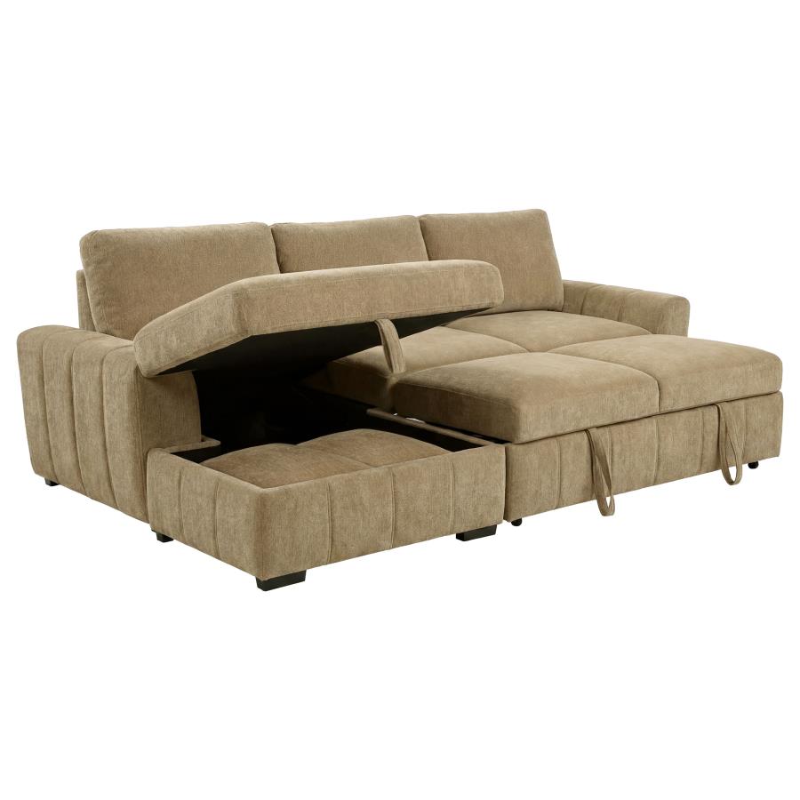 Coaster 500358 2 pc Pastrana camel fabric storage chaise sectional sofa set pop up sleeper