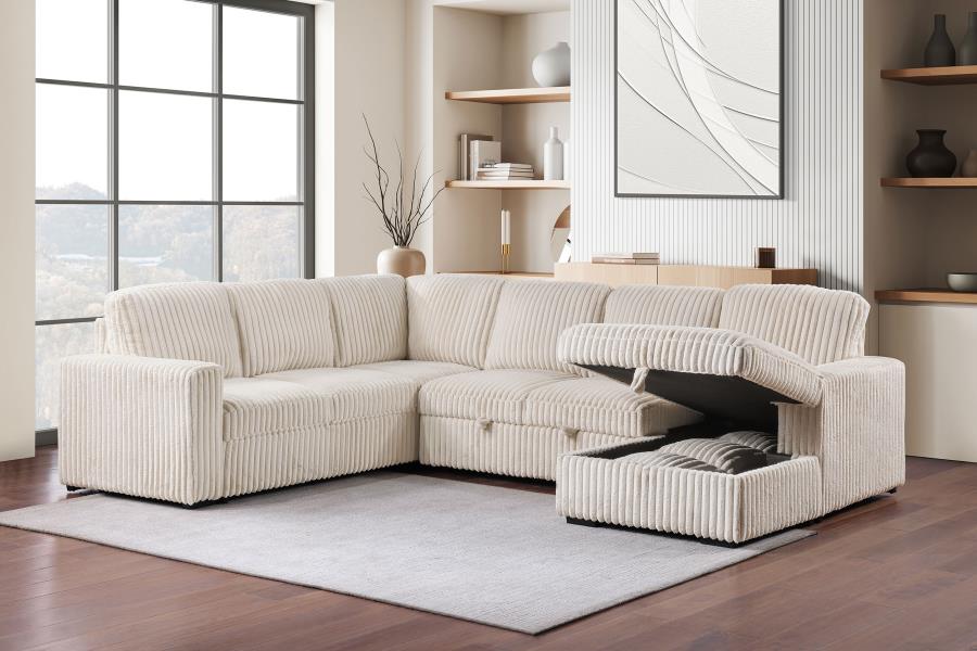 Coaster 501205 3 pc Devonshire camel corduroy fabric sectional sofa with storage chaise and pop up sleep area