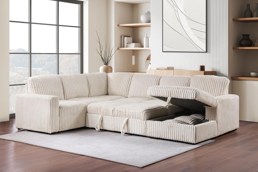 Coaster 501205 3 pc Devonshire camel corduroy fabric sectional sofa with storage chaise and pop up sleep area