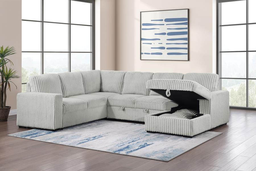 Coaster 501208 3 pc Devonshire grey corduroy fabric sectional sofa with storage chaise and pop up sleep area