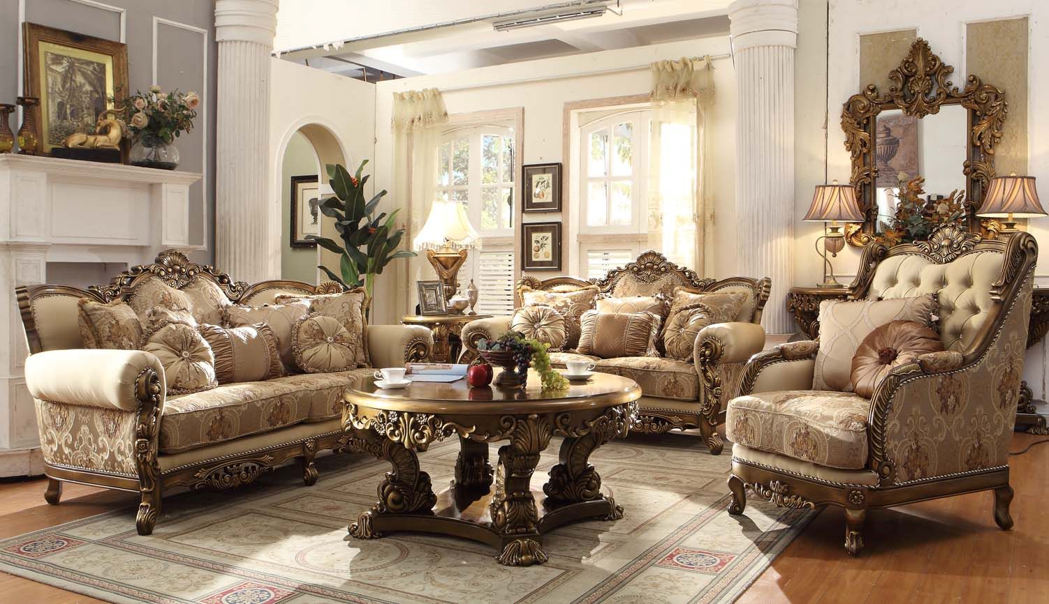 HD-506-3PC Metallic antique gold perfect brown finish wood and multi tone fabric upholstery ornate accents Sofa, Love and Chair living room set lark manor