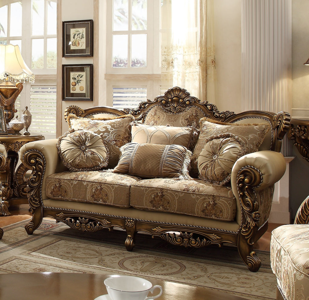 HD-506-3PC Metallic antique gold perfect brown finish wood and multi tone fabric upholstery ornate accents Sofa, Love and Chair living room set lark manor